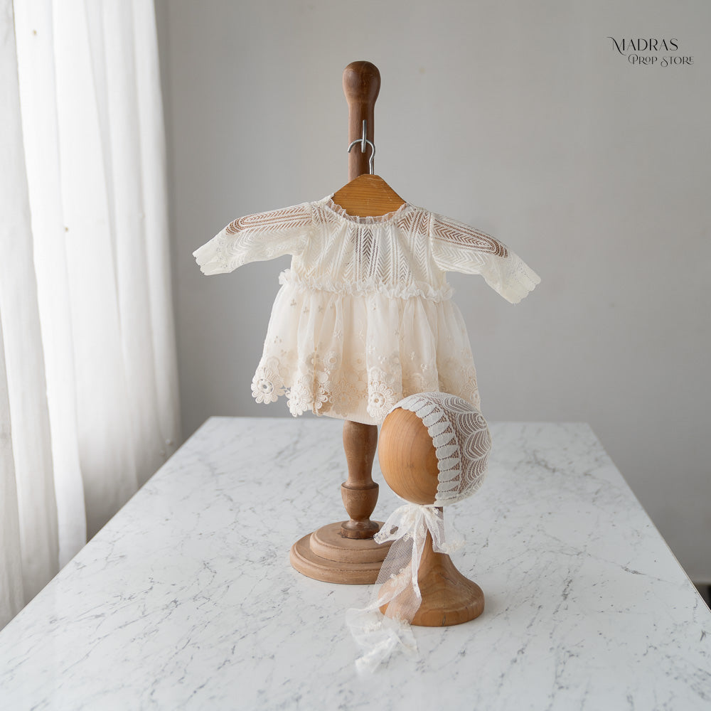 2pc Kumoto Cream Full Sleeve Gown With Cap | Newborn | KM109 : Baby Props