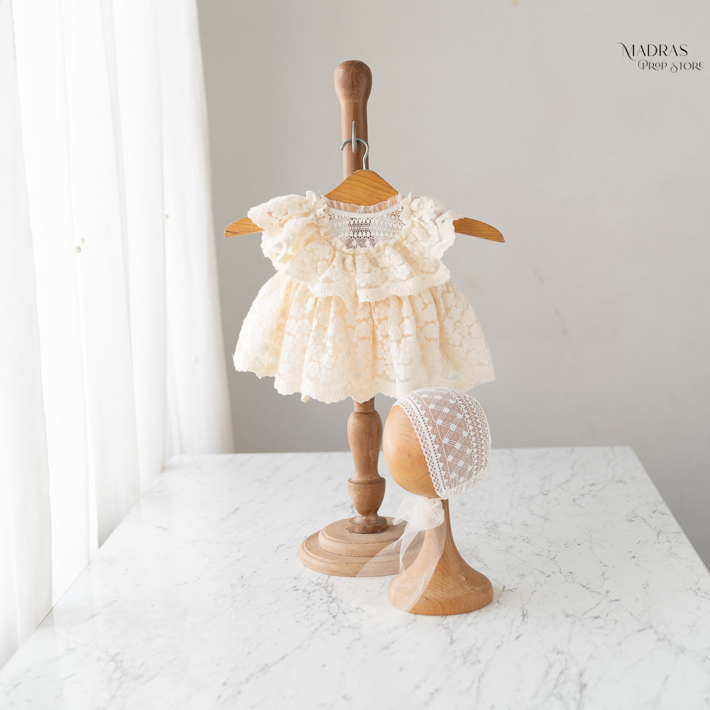 2pc Kumoto Cream Gown With Cap| Newborn | KM137 : Baby Props