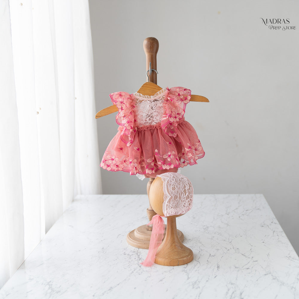 2pc Kumoto Pinkish Gown With Cap | Newborn | KM119 : Baby Props