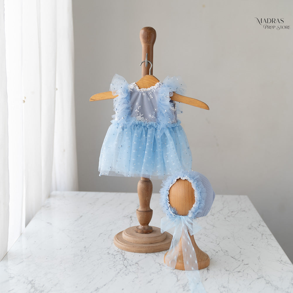 2pc Kumoto Pearl Blue Gown With Bonnet | Newborn | KM012 : Baby Props