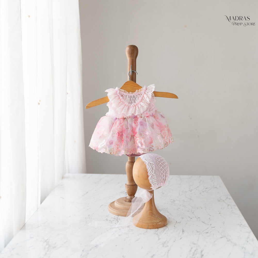 2pc Kumoto Pink Sleeveless Romper With Bonnet | Newborn | KM045 : Baby Props