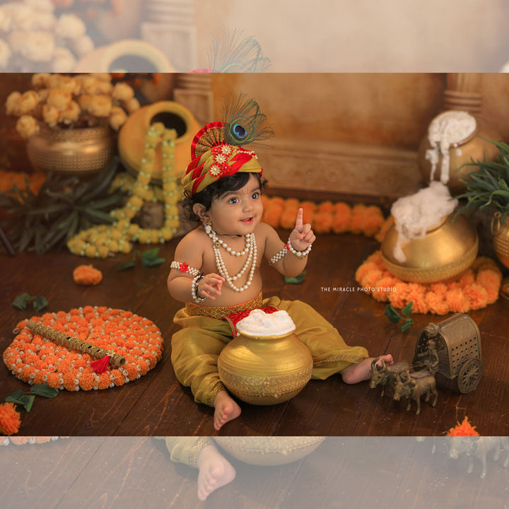 9 pcs Krishna Outfit - Gold With Red : Baby Outfits