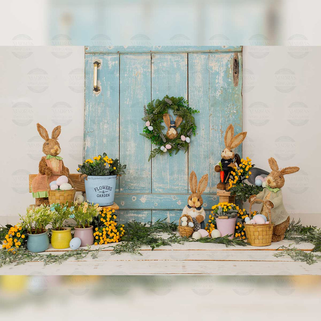 Blue Door Bunny Garden - Printed Backdrop - Fabric - 5 by 6 feet