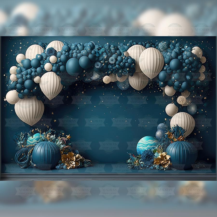 Blue Ballon Party - Printed Backdrop - Fabric - 5 by 7 feet