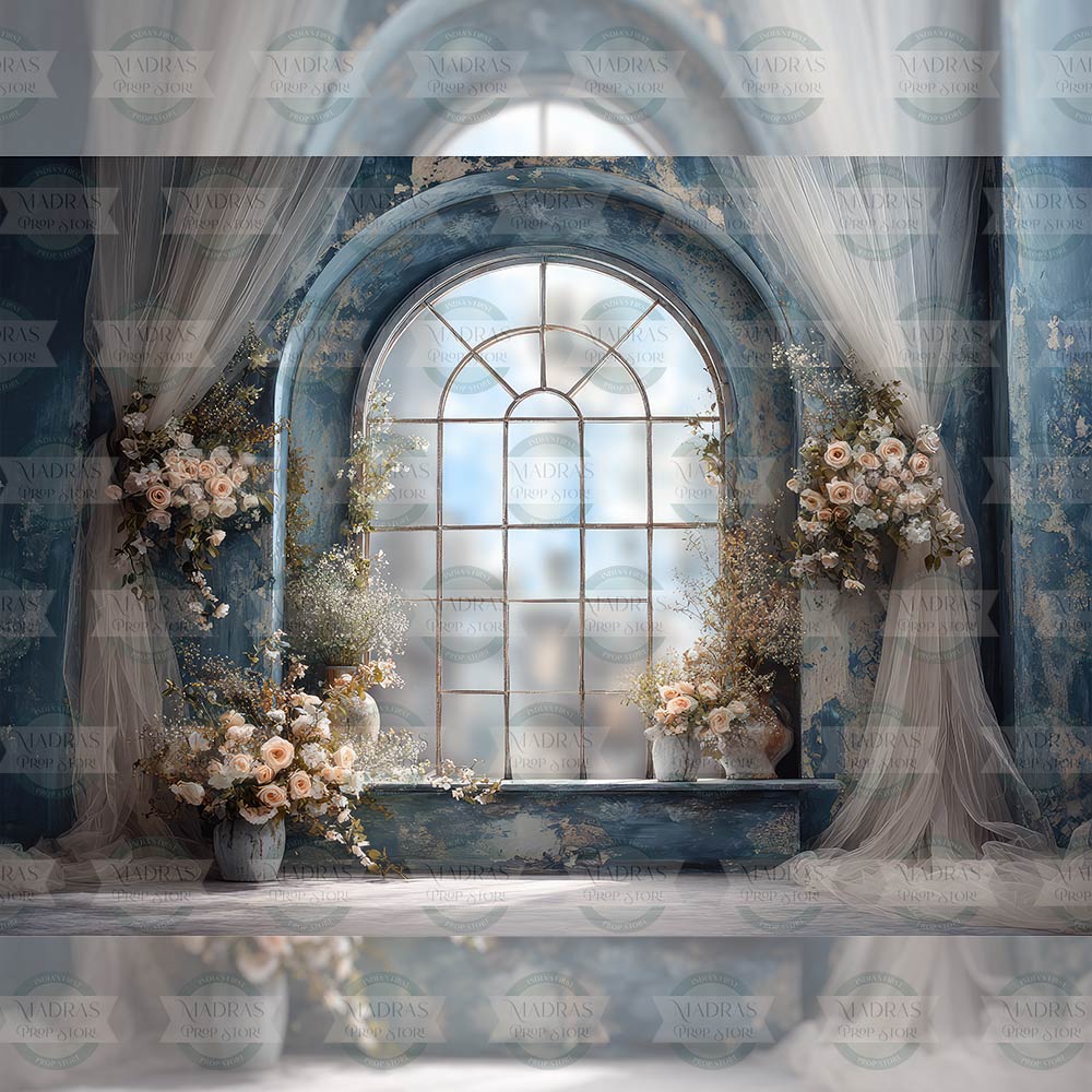 Blue Floral Window : Baby Backdrops
