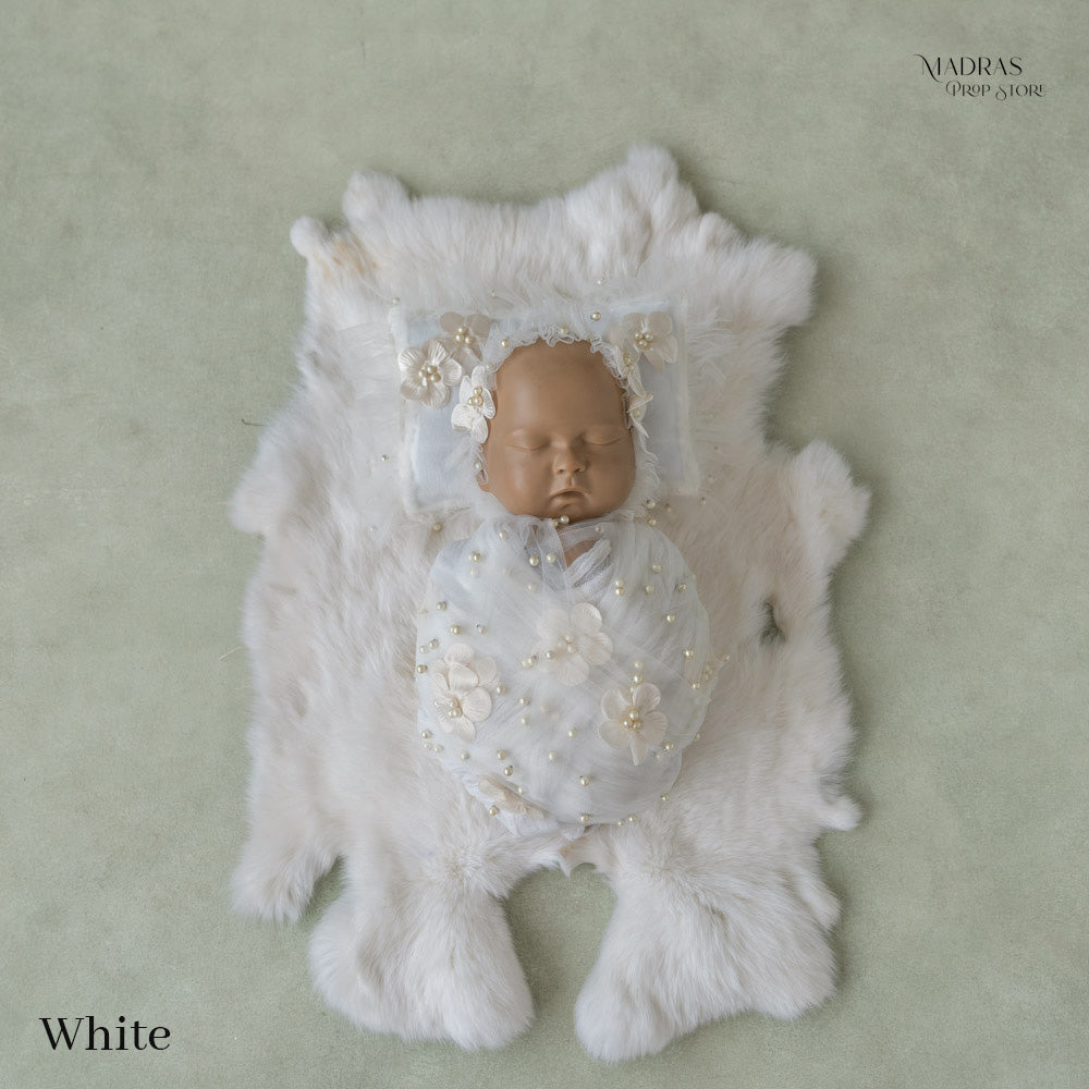 Designer Floral Newborn Set ( Wrap/Layer 176 cm Long + Pillow + Bonnet ) -Baby Props