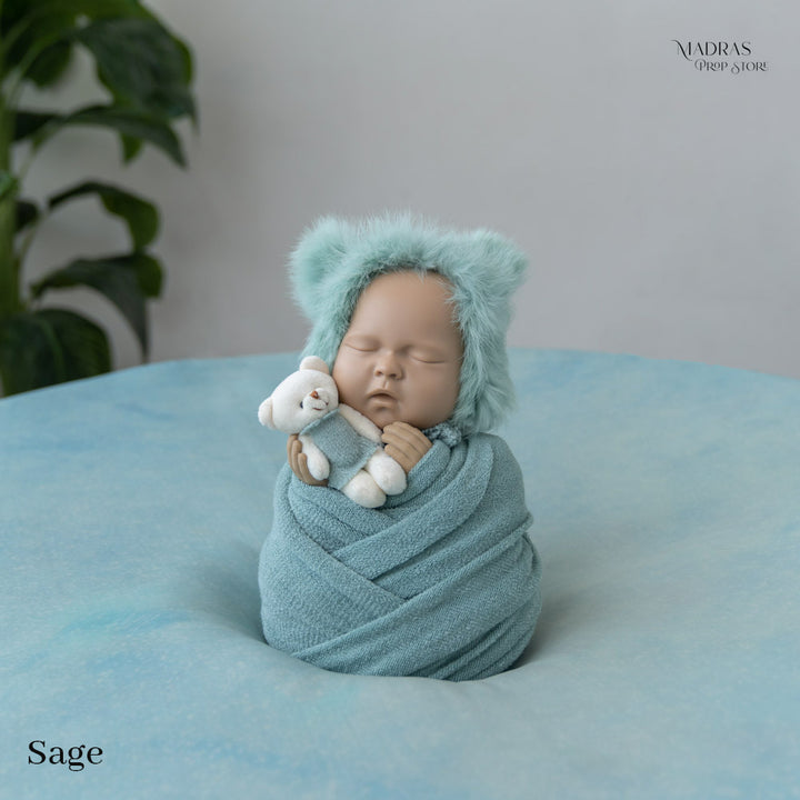 Woolen Wrap 187 cm Long + Furry Cap + Teddy Toy |  3 pc Combo : Baby Props