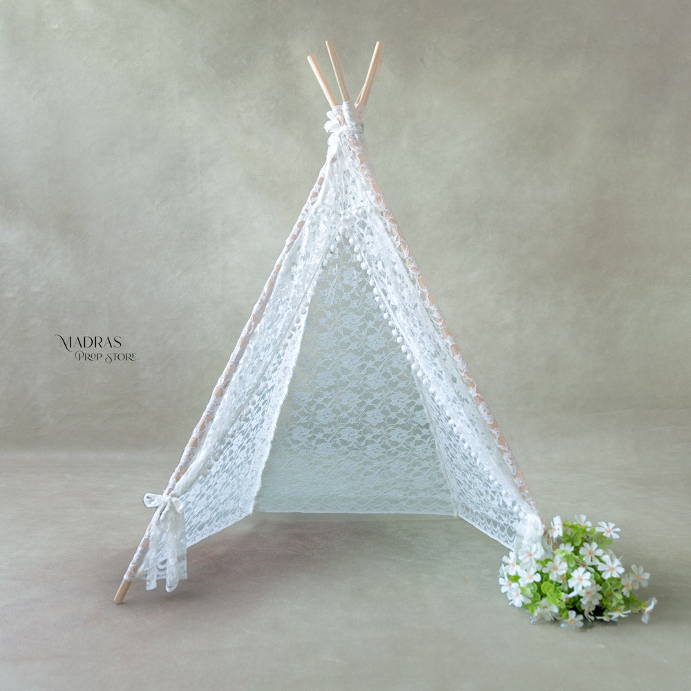 White Lace Pompom Teepee Tent : Baby Props