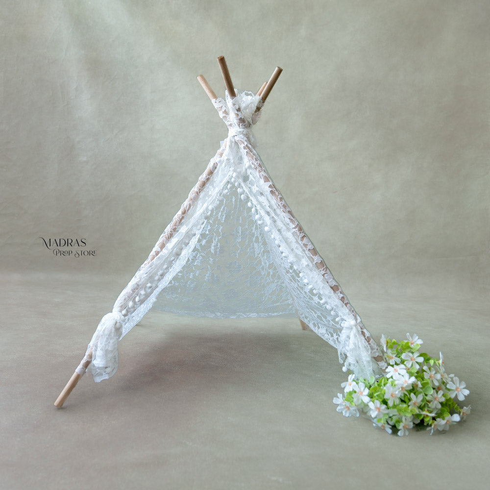 White Lace Pompom Teepee Tent : Baby Props