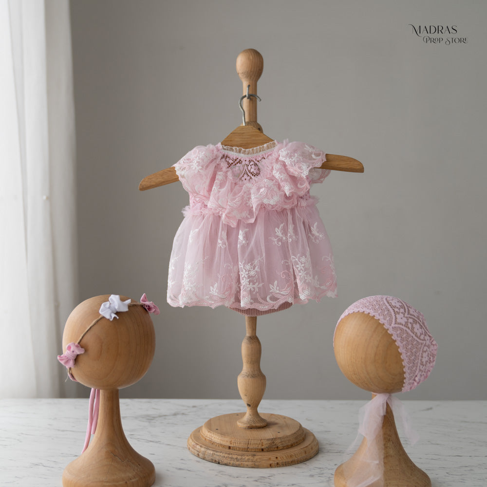 Kumoto Light Pink Romper With Bonnet and Headband | Newborn | KM026 : Baby Props