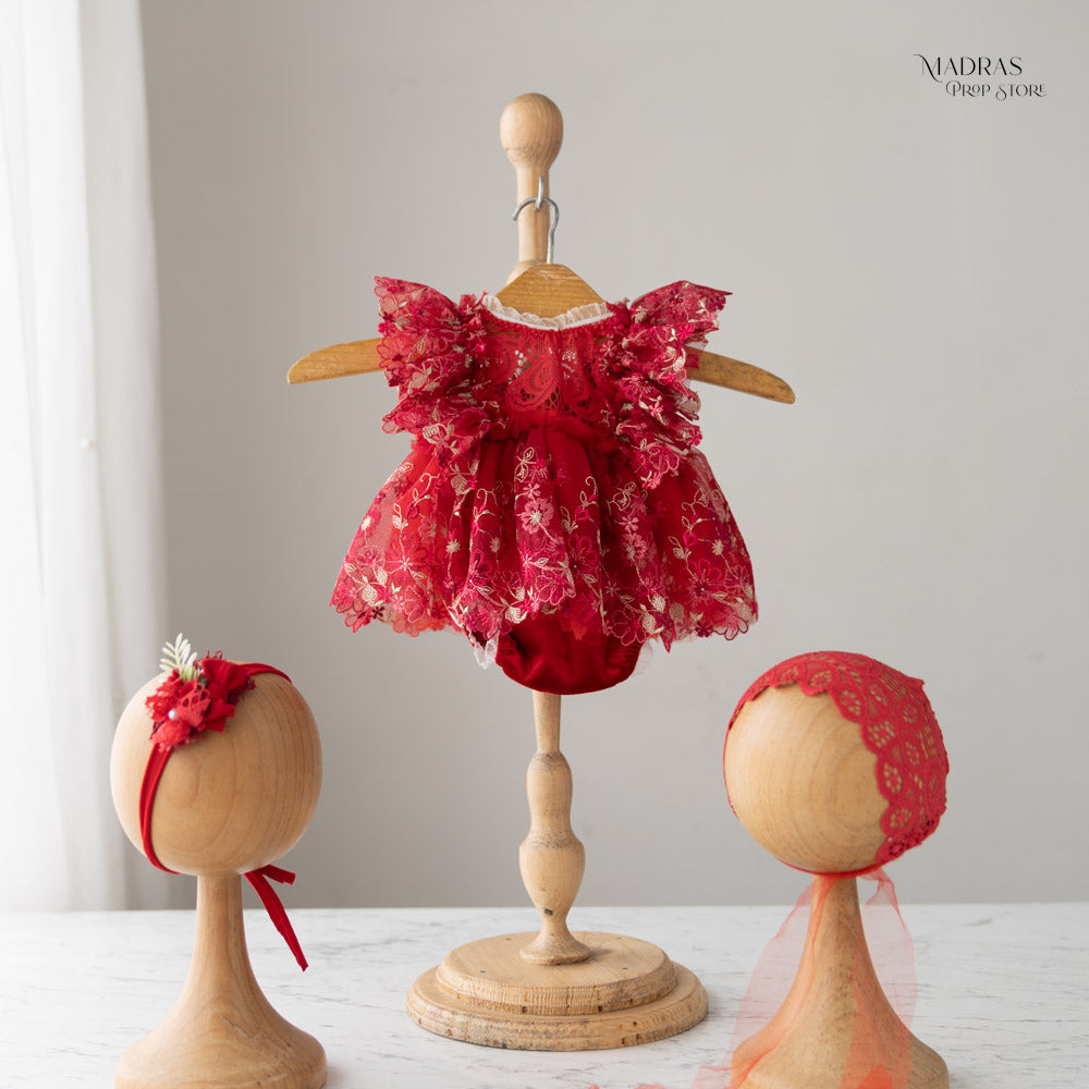 Kumoto Red Romper With Bonnet and Headband | Newborn | KM025 : Baby Props