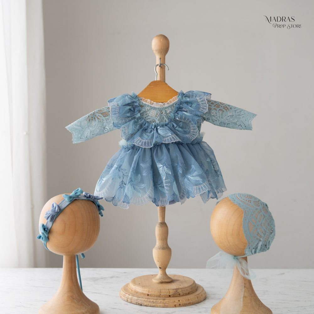 Kumoto Baby Blue Romper With Bonnet and Headband | Newborn | KM022 : Baby Props