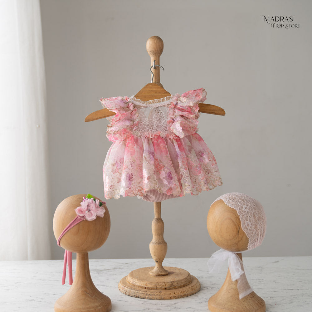 Kumoto Pinkish Romper With Bonnet and Headband | Newborn | KM020 : Baby Props