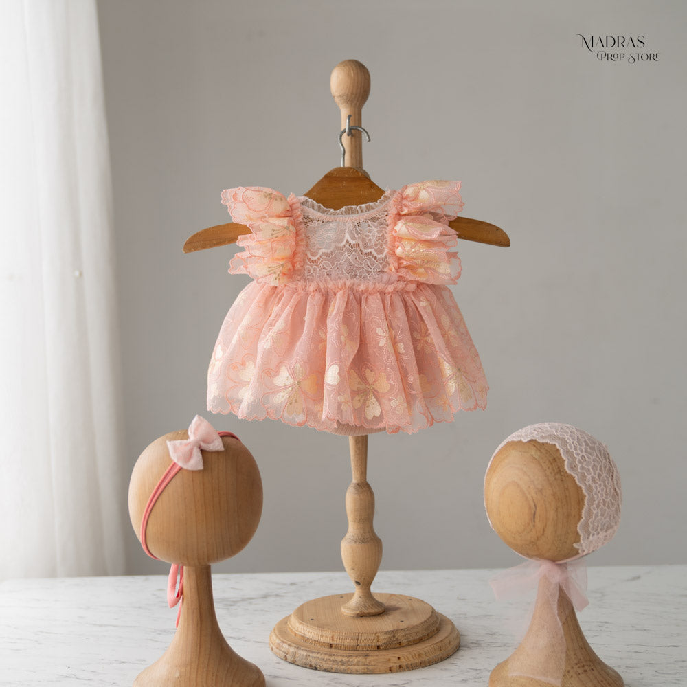 Kumoto Light Peach Romper With Bonnet and Headband | Newborn | KM017 : Baby Props