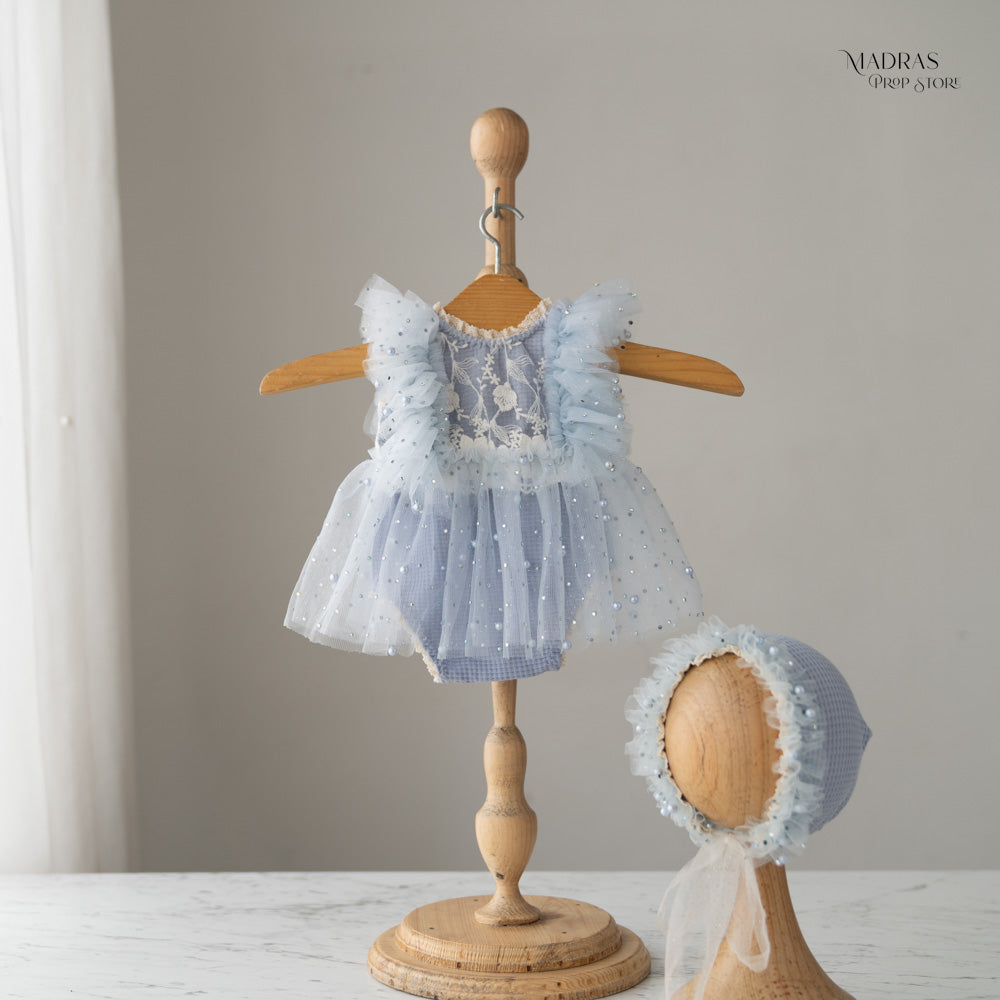 Kumoto Pearl Blue Gown With Bonnet | Newborn | KM012 : Baby Props