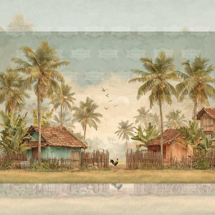 Golden Hour Village Without Tractor - Printed Backdrop - Fabric - 5 by 7 feet