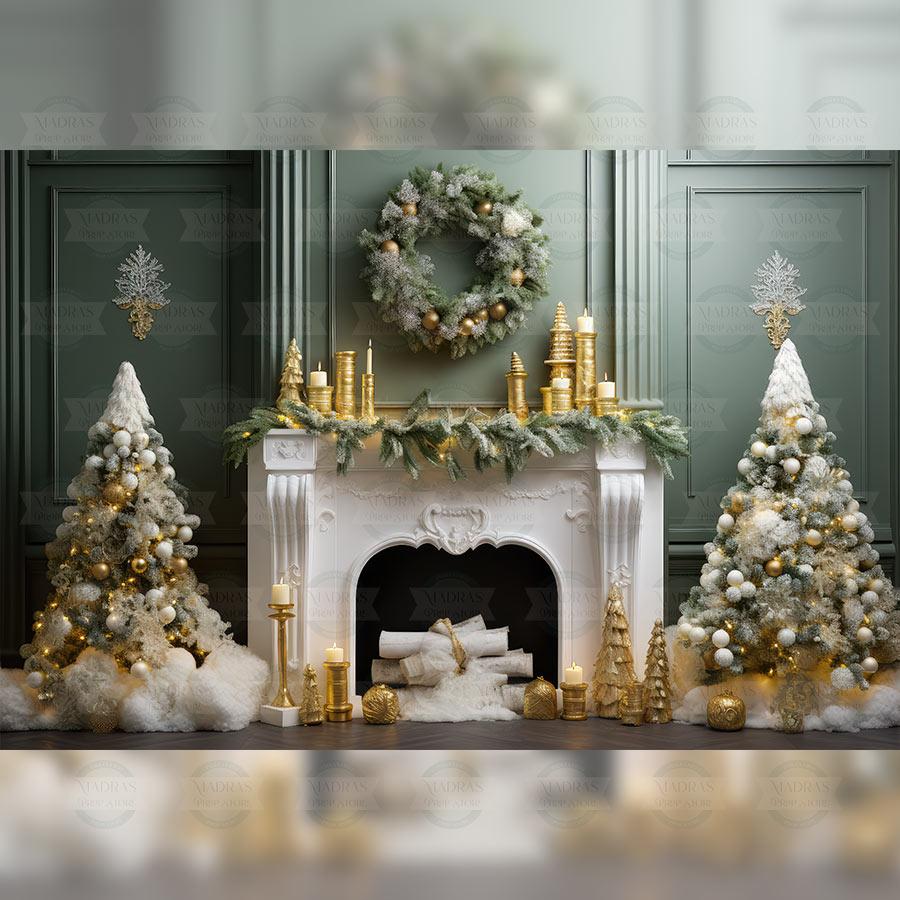 Green Christmas Fireplace : Baby Backdrops