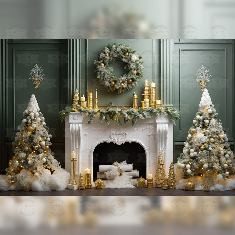 Green Christmas Fireplace - Printed Backdrop - Fabric - 5 by 7 feet