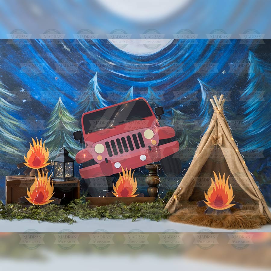 Jeep In The Woods - Printed Backdrop - Fabric - 5 by 6 feet