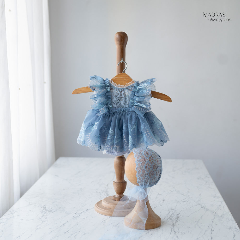 2pc Kumoto Baby Blue Sleeveless Romper With Bonnet | Newborn | KM031 : Baby Props