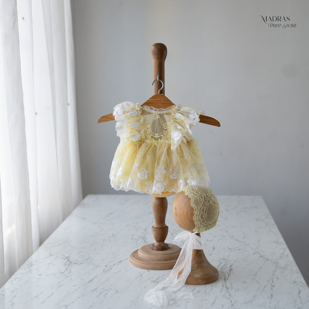 2pc Kumoto Yellow Gown With Cap| Newborn | KM143 : Baby Props