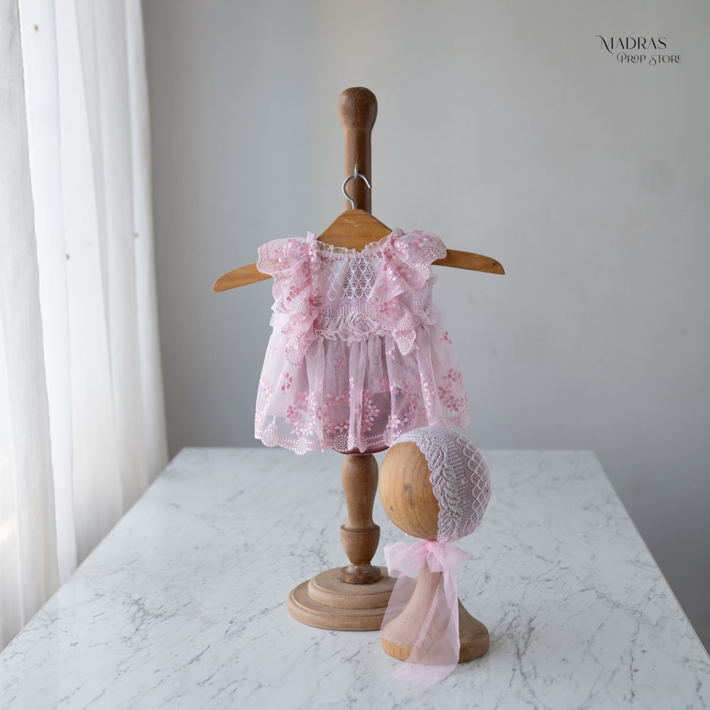 2pc Kumoto Pink Gown With Cap| Newborn | KM146 : Baby Props