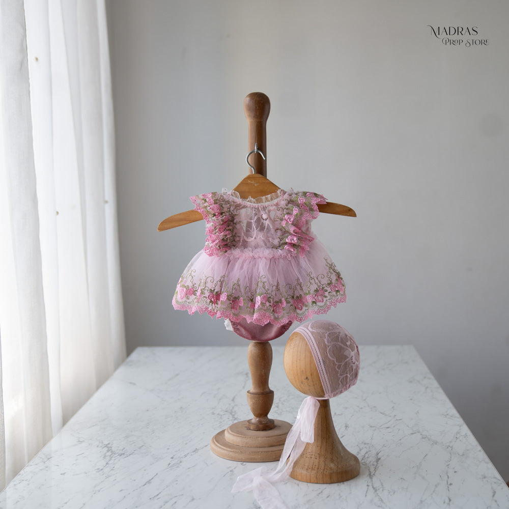 2pc Kumoto Pink Gown With Cap| Newborn | KM149 : Baby Props