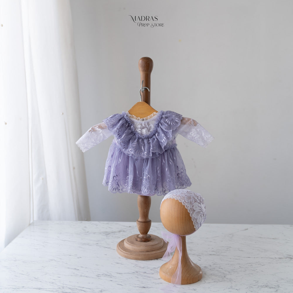 Kumoto Lavender Full Sleeve Romper With Bonnet | Newborn | KM050 : Baby Props