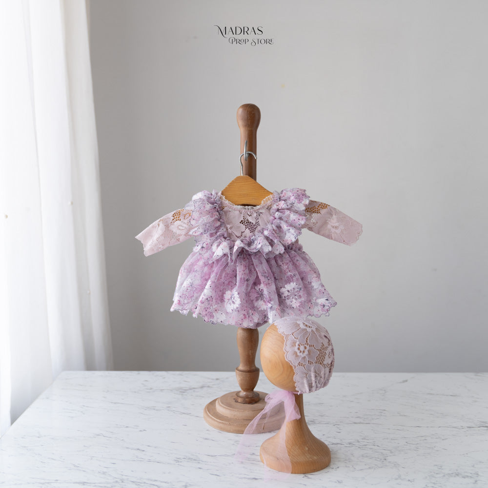 Kumoto Lilac Full Sleeve Romper With Bonnet | Newborn | KM042 : Baby Props