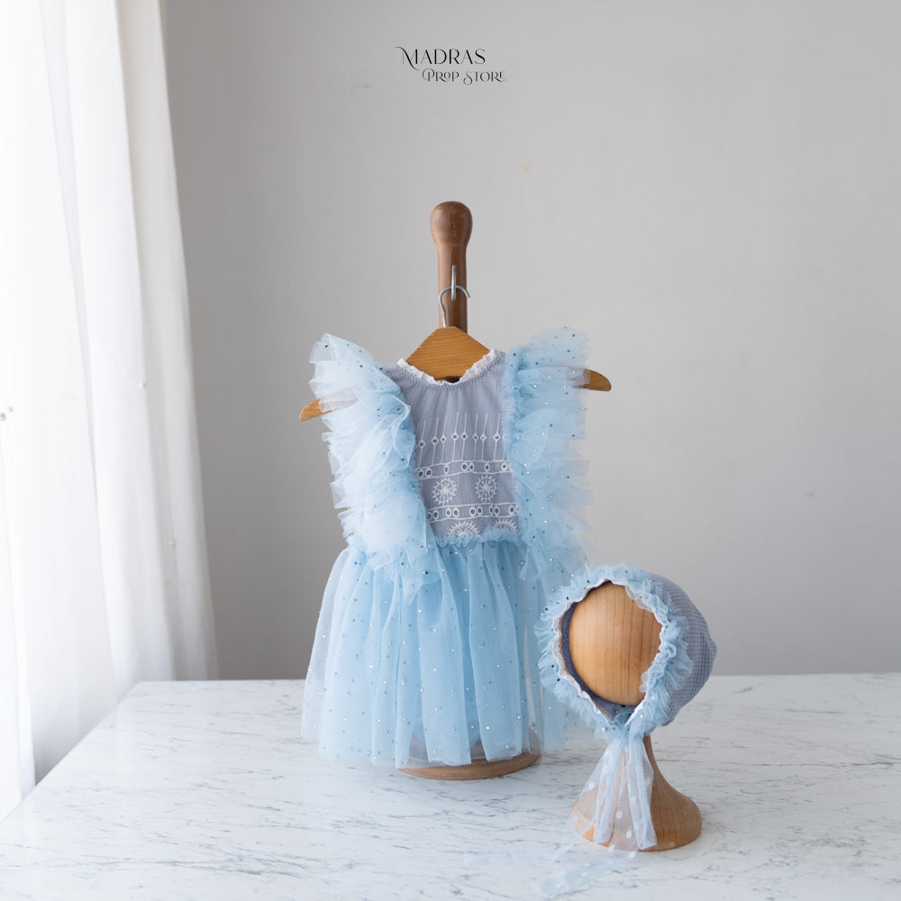 Kumoto Pearl Blue Gown With Bonnet | 1 Year | KM072 : Baby Props