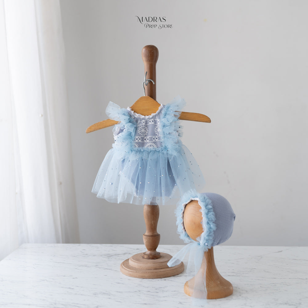 Kumoto Pearl Blue Gown With Bonnet | Newborn | KM012 : Baby Props