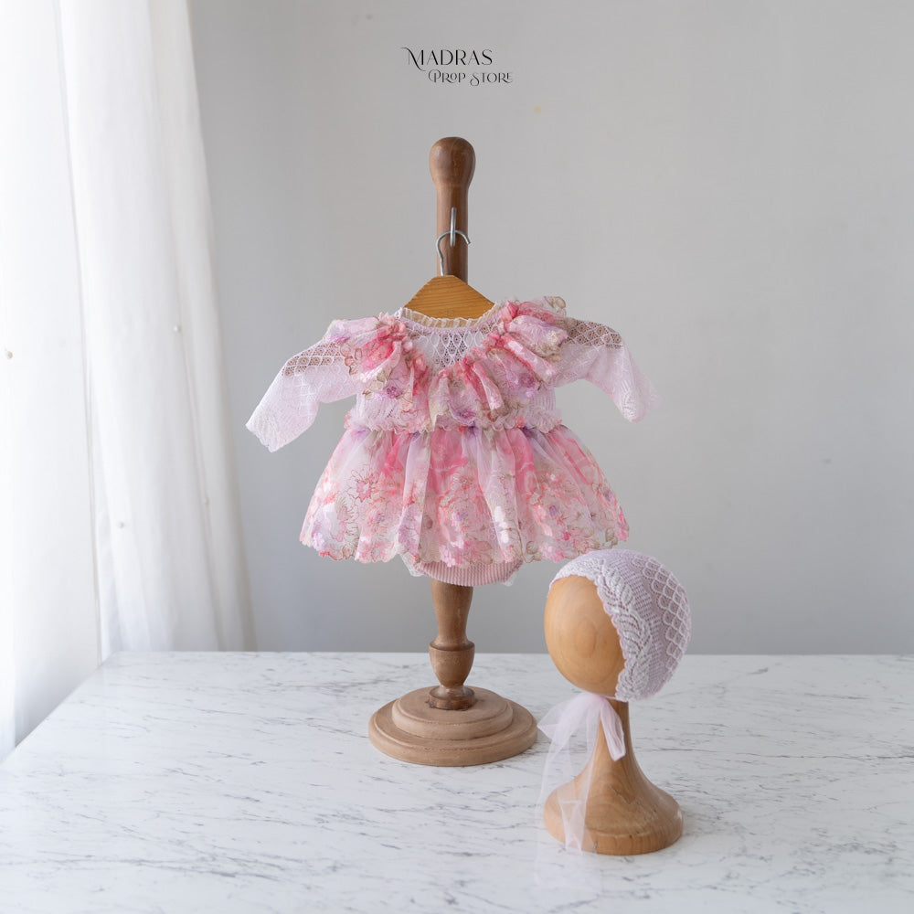 Kumoto Pink Full Sleeve Romper With Bonnet | Newborn | KM053 : Baby Props