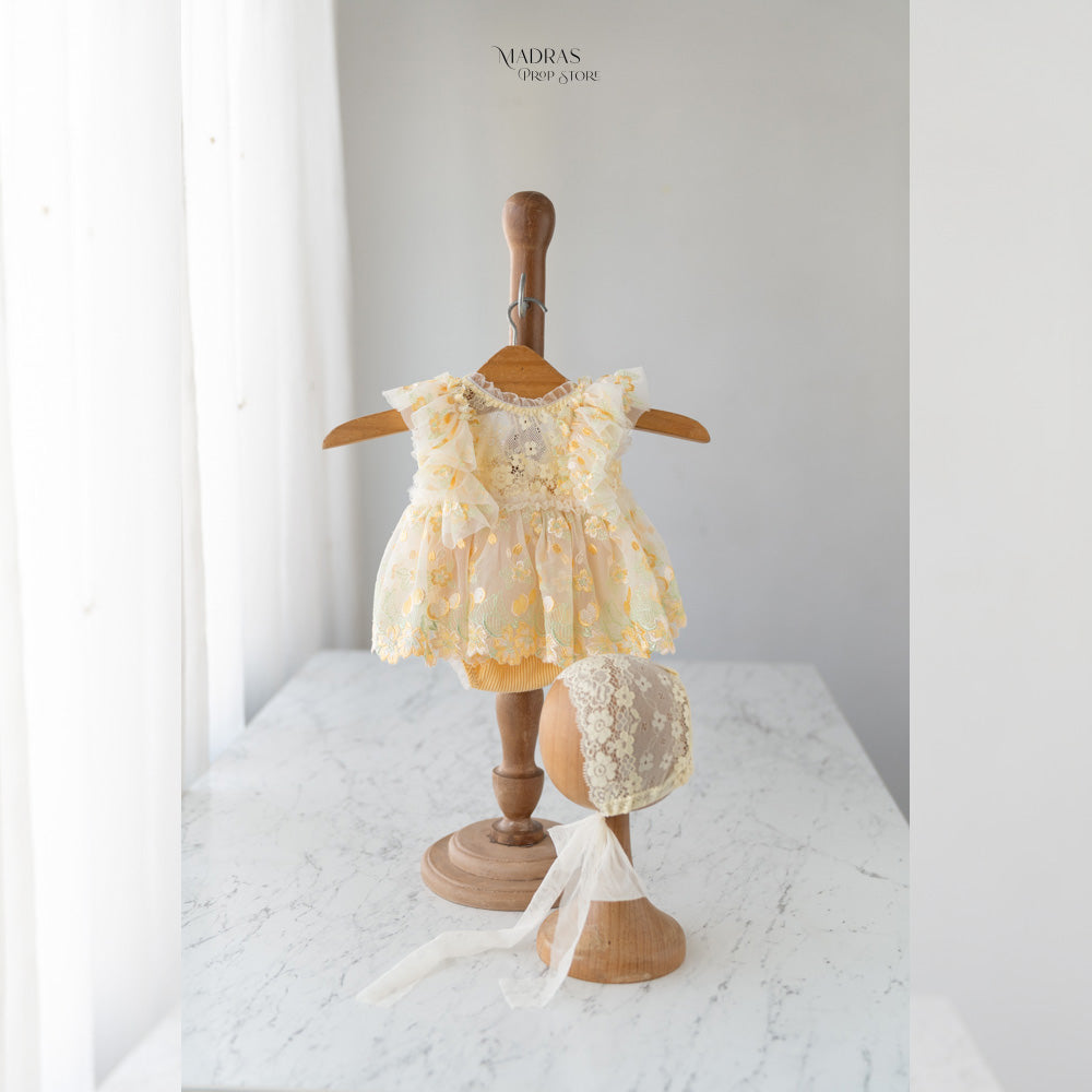 Kumoto Yellow Sleeveless Romper With Bonnet | Newborn | KM046 : Baby Props