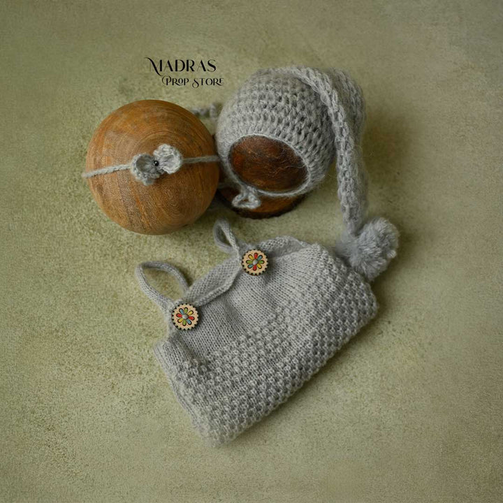 Silver Grey Romper + Cap + Headband combo | Newborn : Baby Outfits