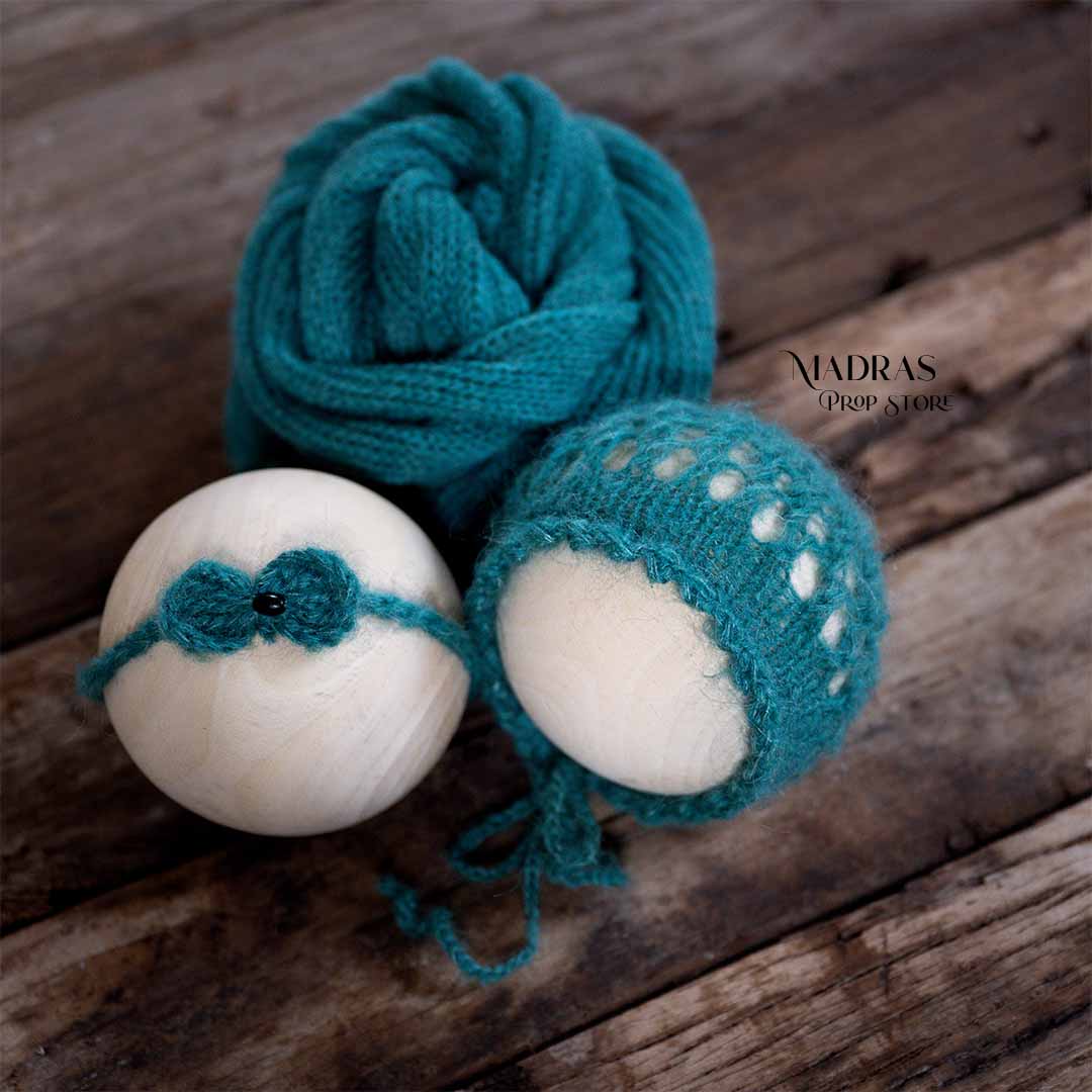 Newborn Must-have Combo | Wrap + Cap + Headband| 215 CM Long - Turquoise : Baby Props