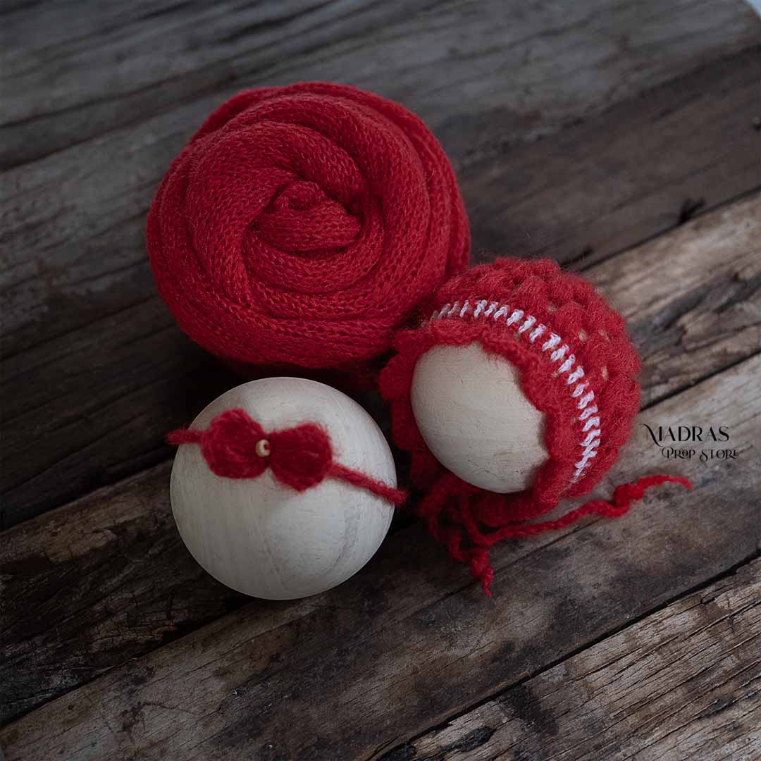 Newborn Must-have Combo | Wrap + Cap + Headband | 215 CM Long - Red : Baby Props