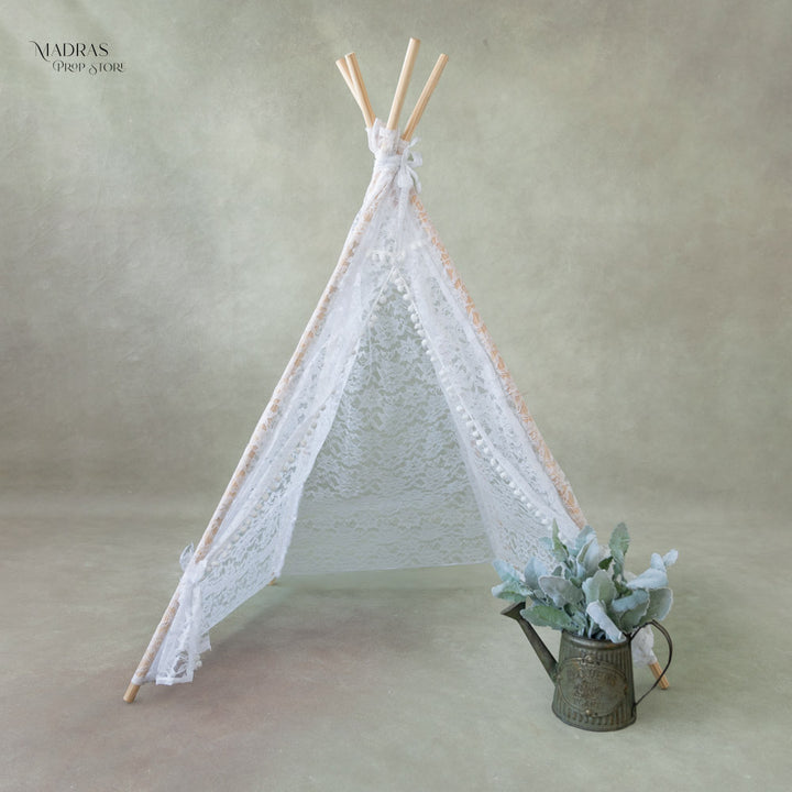 White Lace Pompom Teepee Tent : Baby Props