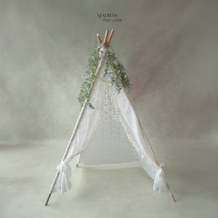 White Lace Pompom Teepee Tent : Baby Props