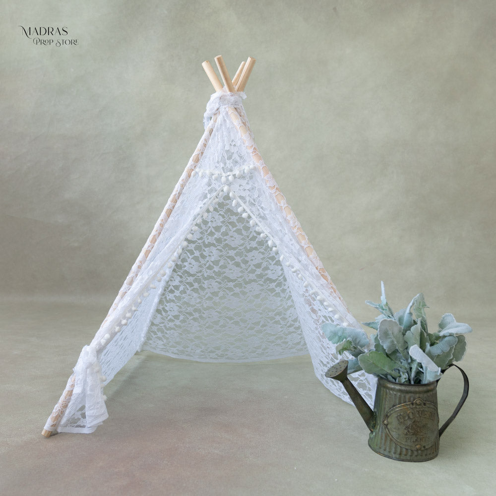 White Lace Pompom Teepee Tent : Baby Props