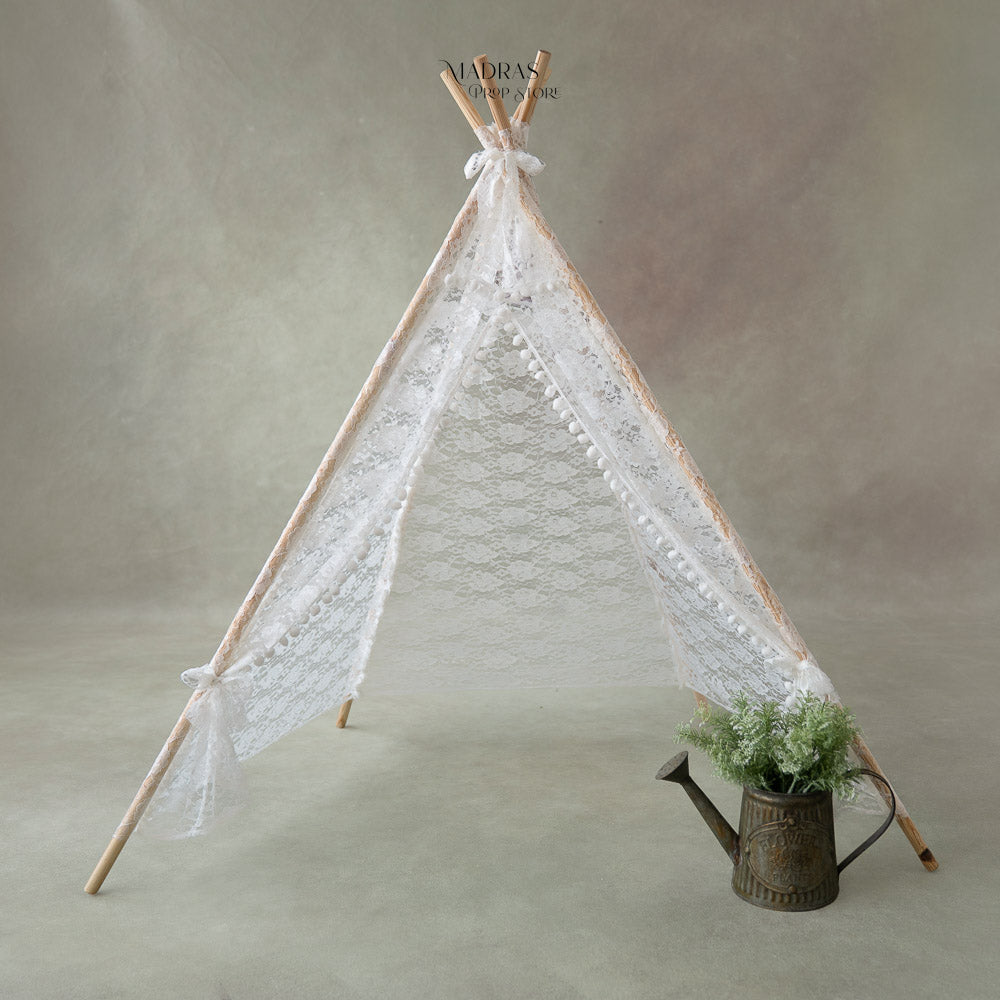 White Lace Pompom Teepee Tent : Baby Props 