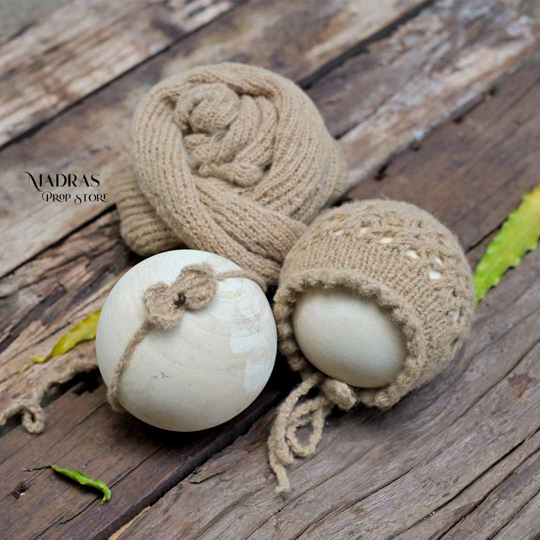 Newborn Must-have Combo | Wrap + Cap + Headband| 215 CM Long - Brown : Baby Props