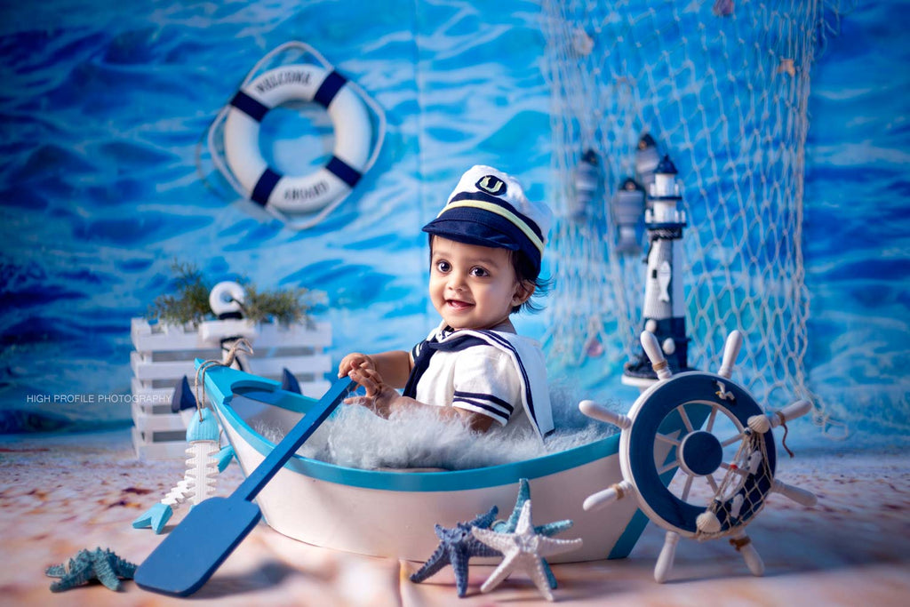 Sailor Outfit ( White with Blue ) / Wooden Boat Prop : Baby Props