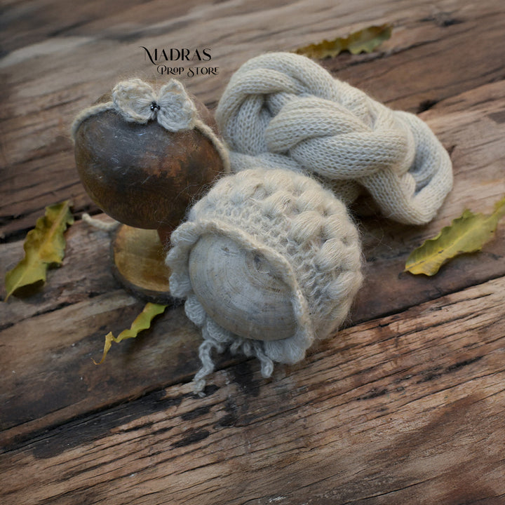 Newborn Must-have Combo | Wrap + Cap + Headband| 215 CM Long - Duskey White : Baby Props