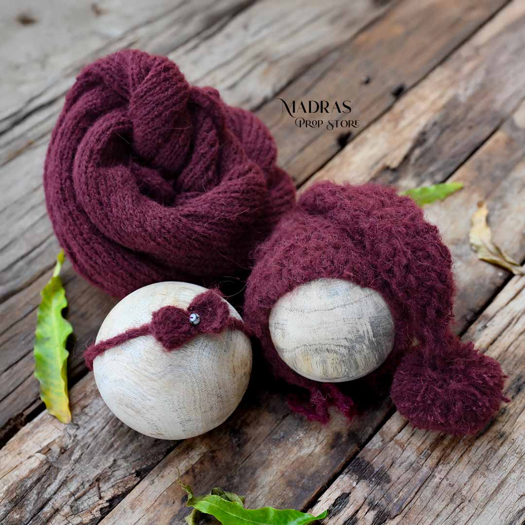 Newborn Must-have Combo | Wrap + Cap + Headband| 215 CM Long - Maroon : Baby Props