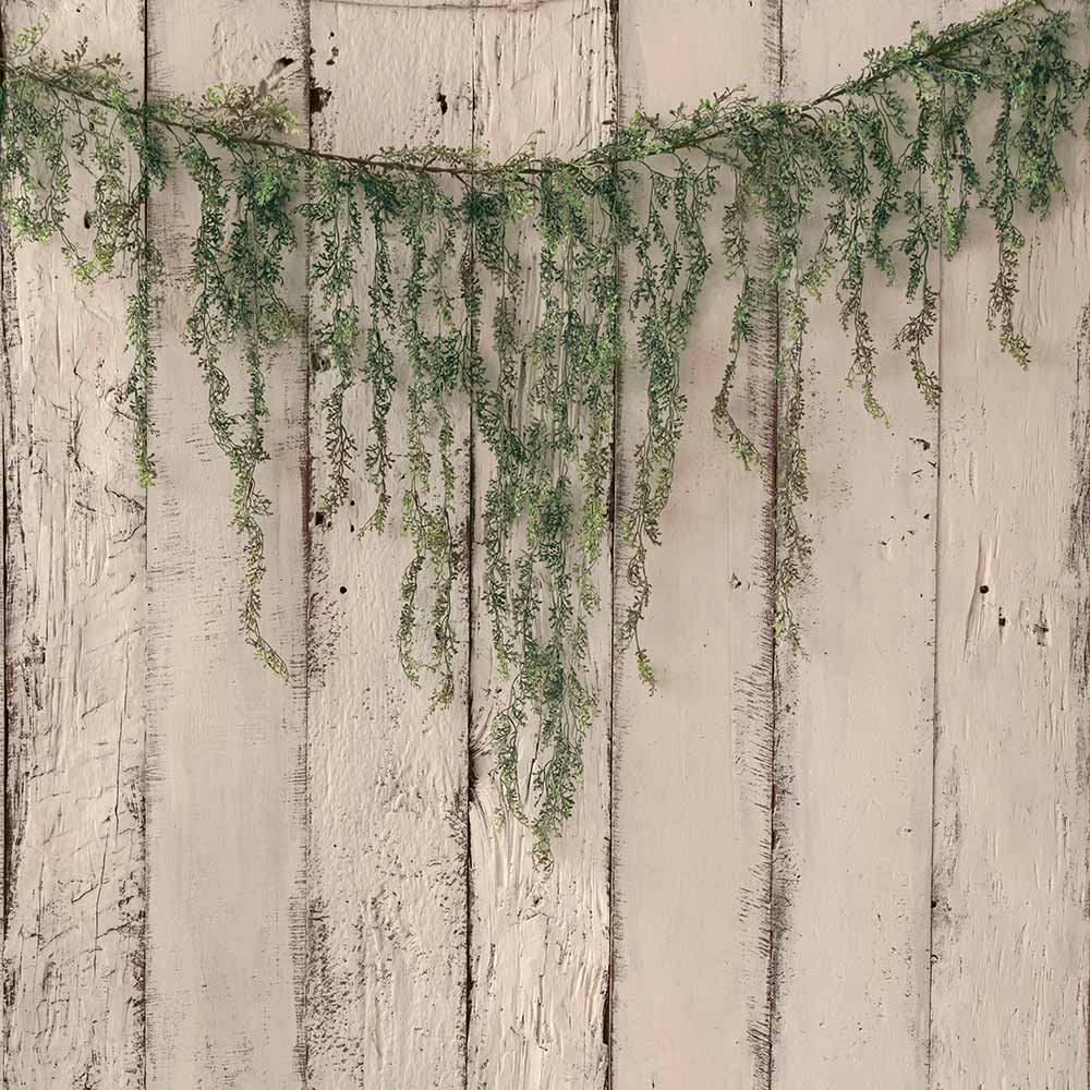 Vintage Cream Wood With Garland - Printed Backdrop - Fabric - 5 by 6 feet