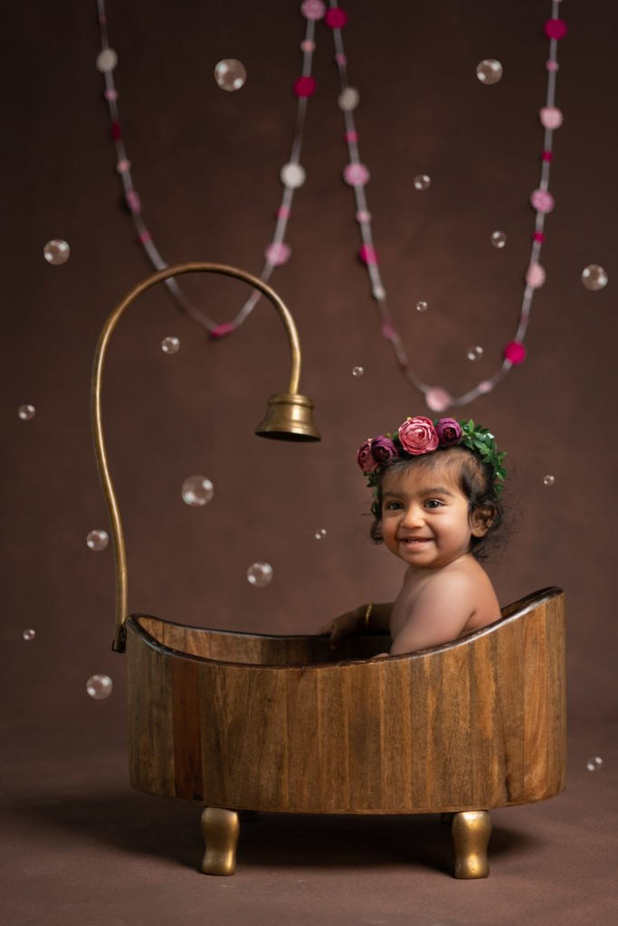 Wooden Shower Tub with Brass Piping : Baby Props